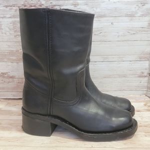 Frye pull on black mid calf block heel boots